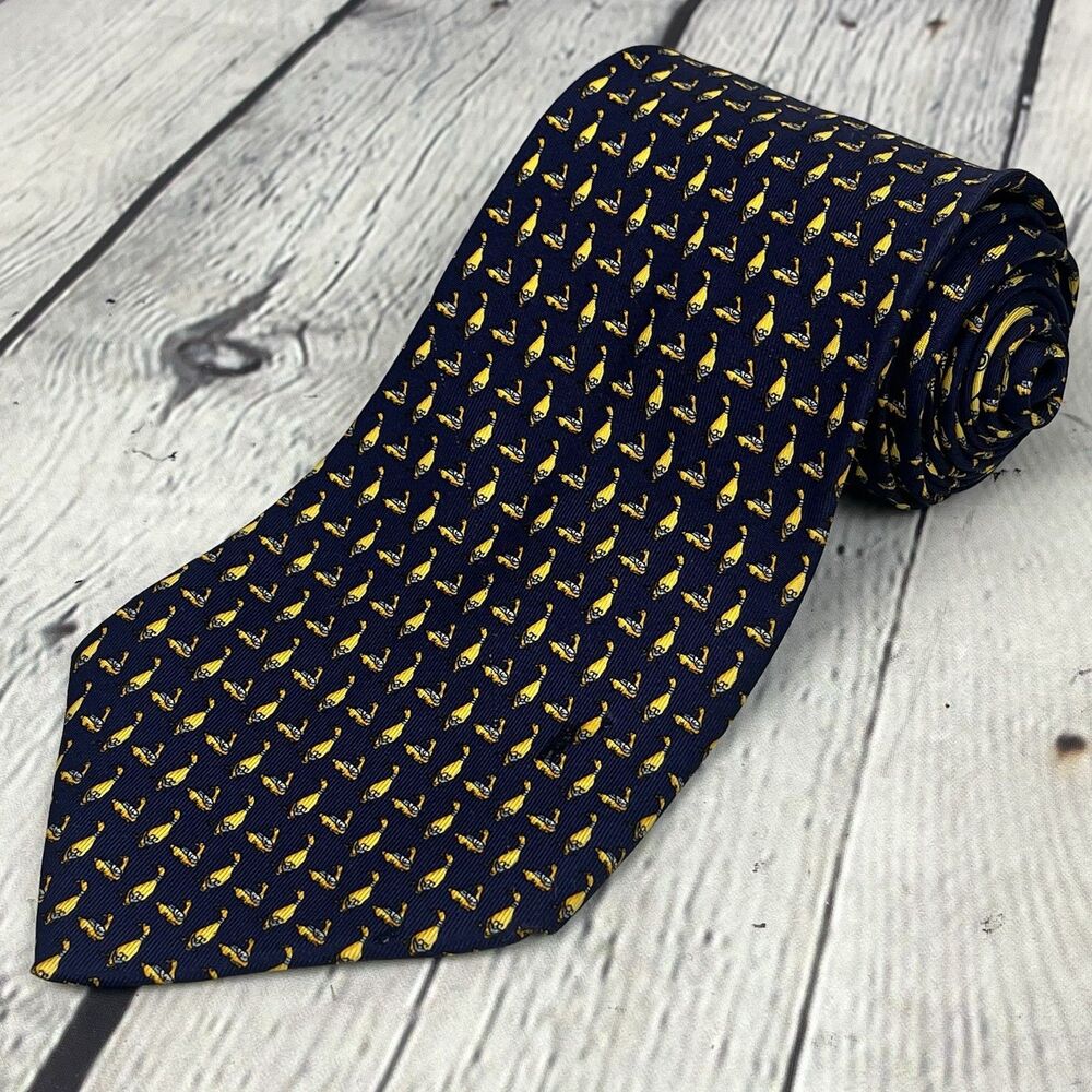 Salvatore Ferragamo Silk Necktie Tie Navy Blue Duck Goose Bird 59”L x 4”W